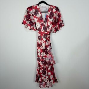 Tanya Taylor Blaire floral red ruffle sleeve faux wrap midi dress flounce